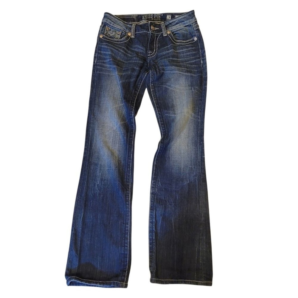 Miss Me low rise bootcut jeans 28 6 Y2K embroidered pocket western boho McBling - Picture 2 of 9
